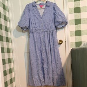Lilly Pulitzer Tassie Puffed Sleeve Blue & White Stripe Cotton Dress Size 14